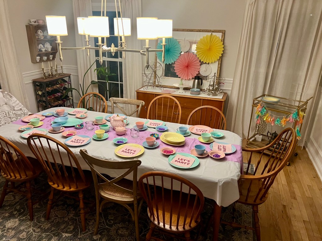 Pastel Pancakes and Pajamas birthday table set with vintage Lu-Ray dishes and soft pastel decorations