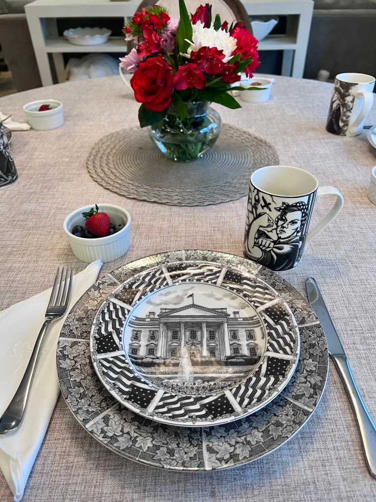 White House salad plate paired with the Rosie mug from the 222 Fifth Slice of Life collection styled for a President’s Day breakfast table