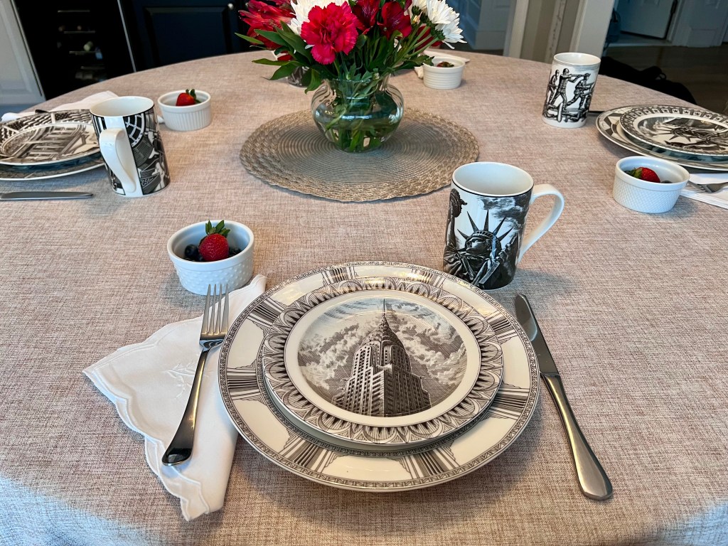 Chrysler Building salad plate paired with the Statue of Liberty mug from the 222 Fifth Slice of Life collection styled for a President’s Day breakfast table
