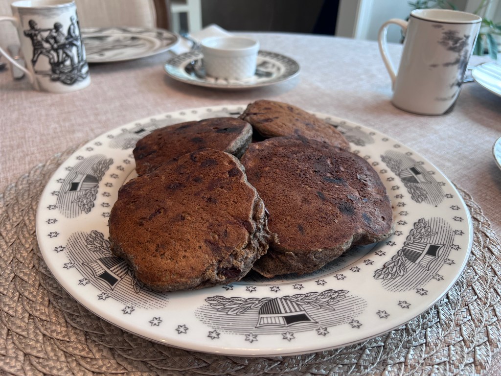 Chocolate chip buckwheat pancakes served on a 222 Fifth Slice of Life platter for a President’s Day breakfast