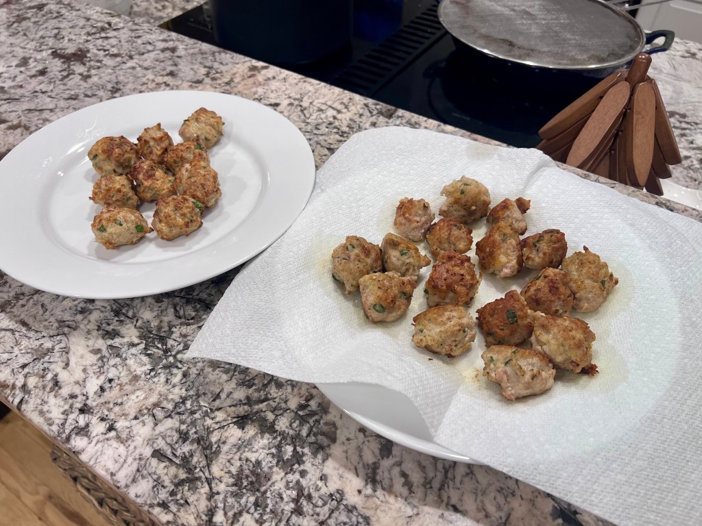 Side by side comparison of air fryer and pan fried turkey meatballs